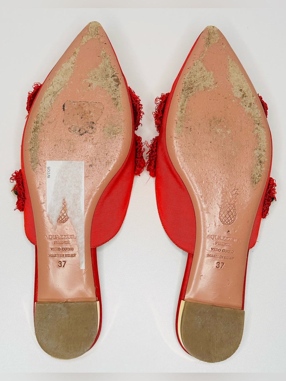 Aquazzura Sunflower Red Brocade Canvas Gold Embellished Slide Flats Mules Shoes - Picture 8 of 11